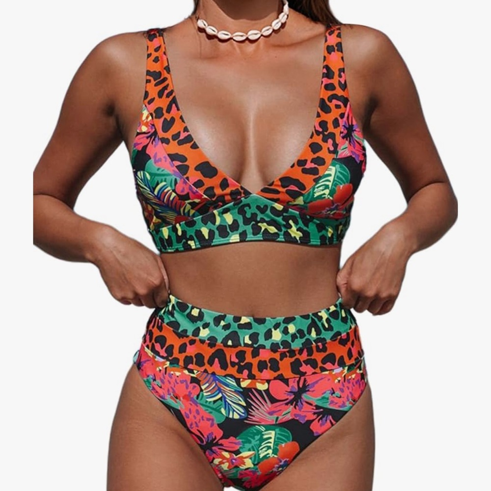 Hilinker Women's Leopard Bikini Swimsuits V Neck High Waisted